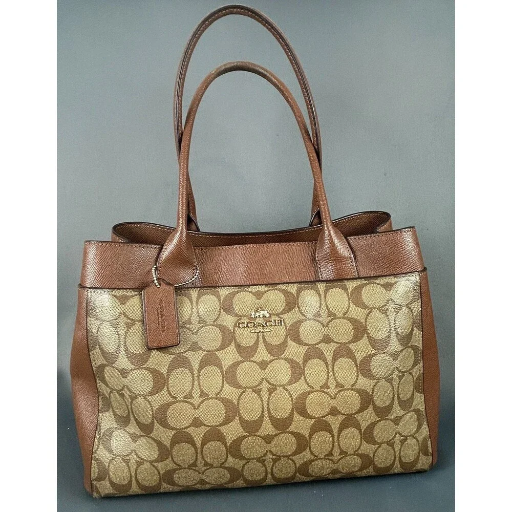 COACH Casey F31475 Tote Bag Purse Crossgrain Leather Large Brown Logo Print